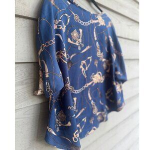 Joy Joy Chain Print Equestrian Blouse S/M Blue Boho Chic Statement Top